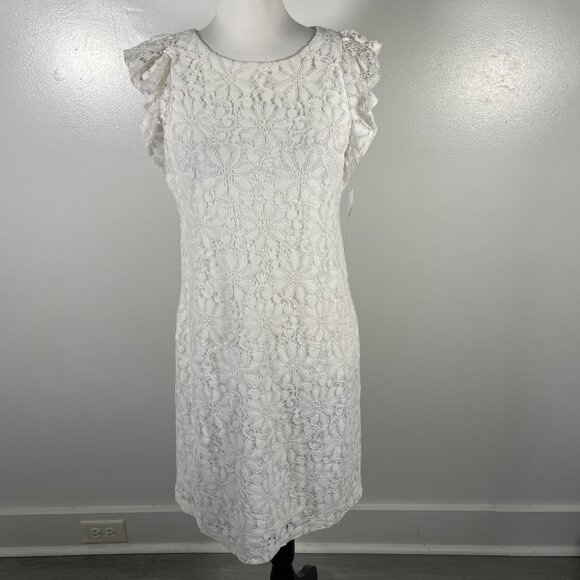 London Times White Crew Neck Floral Lace Short Flutter Sleeves Shift Dress 4 NWT - Picture 2 of 16